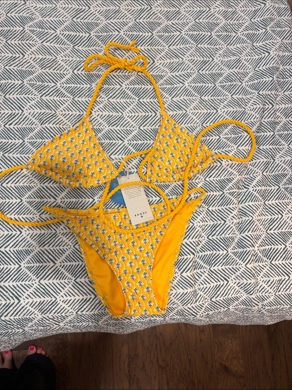 RHODE for Target. Yellow Patterned Triangle Bikini with Braided Straps